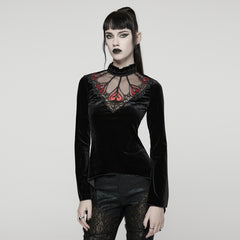 WT-1023TCF Velvet Gothic T-Shirts Mesh Hearts Lace Design Long Sleeve