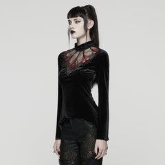 WT-1023TCF Velvet Gothic T-Shirts Mesh Hearts Lace Design Long Sleeve