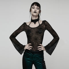 WT-1029TCF Gothic T-Shirts Sheer Spiderweb Long Sleeve Top Choker Set