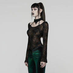 WT-1029TCF Gothic T-Shirts Sheer Spiderweb Long Sleeve Top Choker Set