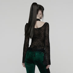 WT-1029TCF Gothic T-Shirts Sheer Spiderweb Long Sleeve Top Choker Set