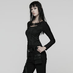 WT-1034TCF Gothic Buckle Strap Black Long Sleeve Punk T-Shirt