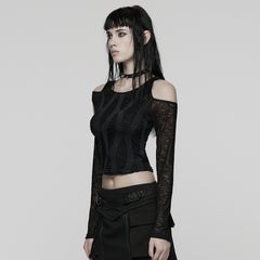 WT-1042TCF Edgy Black Cutout Long Sleeve Punk T-Shirts Top