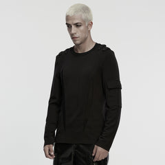 WT-1045TCM Edgy Black Long-Sleeve Punk T-Shirts with Shoulder Detail