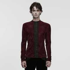 WT-1055TCM Gothic T-Shirts Dark Red Floral Lace-Up Long Sleeve Top