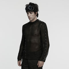WT-1056TCM Black Mesh Grommet Punk T-Shirts Edgy Long Sleeve Style