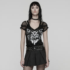 WT-1057TDF Gothic Mesh Sleeve Punk T-Shirts with Skull Graphics