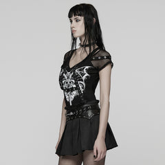 WT-1057TDF Gothic Mesh Sleeve Punk T-Shirts with Skull Graphics