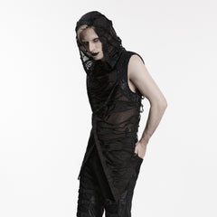 WT-1107BXM Shredded Mesh Hooded Gothic Punk Vests with Lace Up Detailing