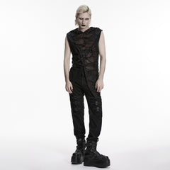 WT-1107BXM Shredded Mesh Hooded Gothic Punk Vests with Lace Up Detailing