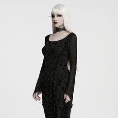WT-1120TCF Elegant Lace Mesh Sleeve Gothic T Shirts with Floral Velvet Pattern