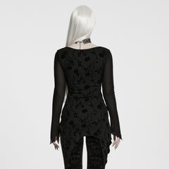 WT-1120TCF Elegant Lace Mesh Sleeve Gothic T Shirts with Floral Velvet Pattern