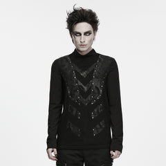 WT-1127TCM Gothic Studded Chevron Mesh Punk T Shirts Long Sleeve Design
