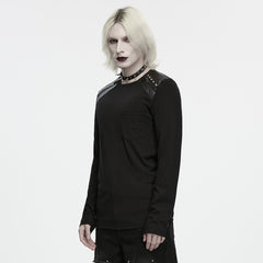 WT-1129TCM Black Long Sleeve Punk T Shirts with Studded Leather Shoulders