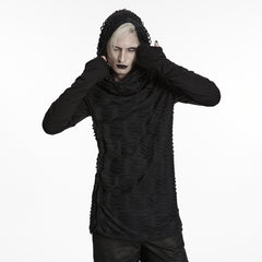 WT-438TCM Mens Gothic T Shirts Textured Black Hooded Long Sleeve Top