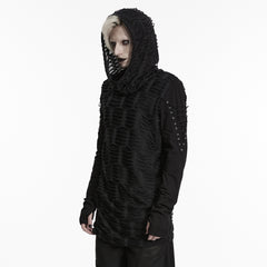 WT-438TCM Mens Gothic T Shirts Textured Black Hooded Long Sleeve Top