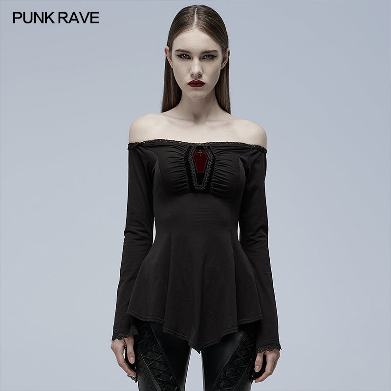 WT-691TCF Gothic slash neck A line long sleeve T-shirt?-??Punk Rave Clothing