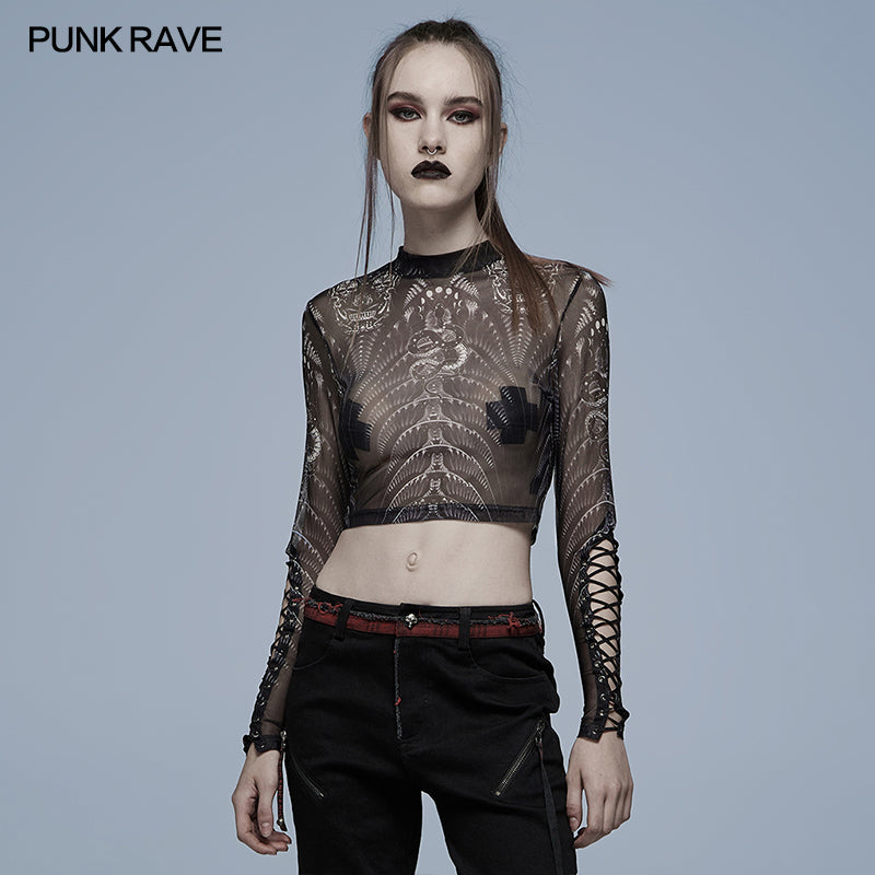 WT-699DQF Gothic skeleton print mesh T-shirt?-??Punk Rave Clothing