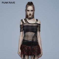 WT-701TCF Daily punk plaid mesh T-shirt?-??Punk Rave Clothing