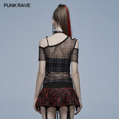 WT-701TCF Daily punk plaid mesh T-shirt?-??Punk Rave Clothing