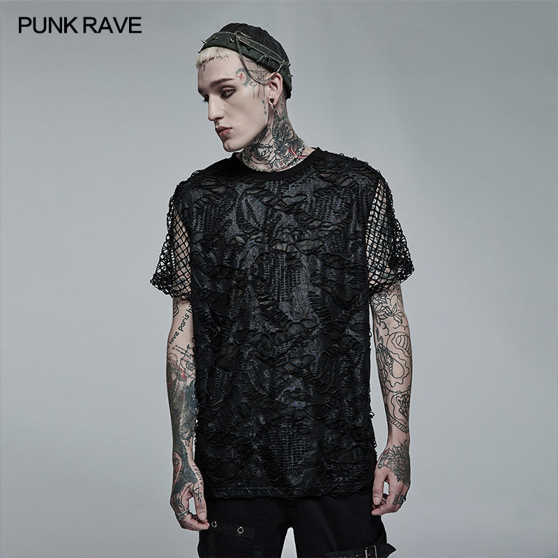 WT-703TDM Goth Daily Wear Knited Broken Holes Short Sleeve T-shirt?-??Punk Rave Clothing