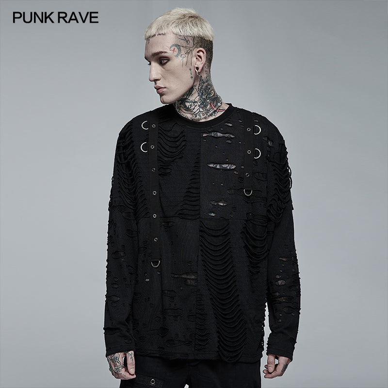 WT-711TCM Goth Daily Wear Knited Broken Holes Long Sleeve T-shirt?-??Punk Rave Clothing