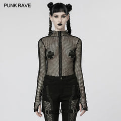 WT-760TCF Gothic Fishnet Long Sleeve Punk T-Shirt Zippered Design?-??Punk Rave Clothing