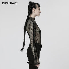 WT-760TCF Gothic Fishnet Long Sleeve Punk T-Shirt Zippered Design?-??Punk Rave Clothing