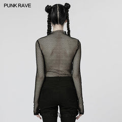 WT-760TCF Gothic Fishnet Long Sleeve Punk T-Shirt Zippered Design?-??Punk Rave Clothing
