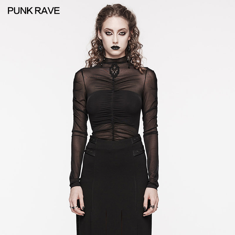 WT-800TCF Sheer Gothic Mesh Ruched Long Sleeve T-Shirt?-??Punk Rave Clothing