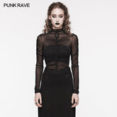 WT-800TCF Sheer Gothic Mesh Ruched Long Sleeve T-Shirt?-??Punk Rave Clothing