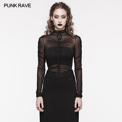 WT-800TCF Sheer Gothic Mesh Ruched Long Sleeve T-Shirt?-??Punk Rave Clothing