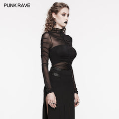 WT-800TCF Sheer Gothic Mesh Ruched Long Sleeve T-Shirt?-??Punk Rave Clothing