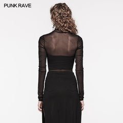 WT-800TCF Sheer Gothic Mesh Ruched Long Sleeve T-Shirt?-??Punk Rave Clothing