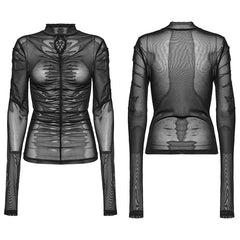 WT-800TCF Sheer Gothic Mesh Ruched Long Sleeve T-Shirt?-??Punk Rave Clothing