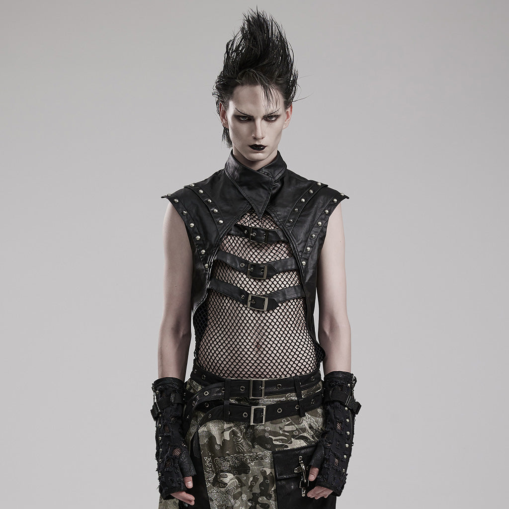 WT-824BXM Edgy Studded Mesh Punk Vest with Buckle Accents?-??Punk Rave Clothing