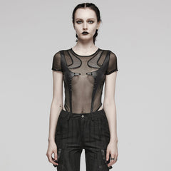 WT-845TDF Edgy black Mesh Bodysuit Rivet Detail Punk Accessories?-??Punk Rave Clothing