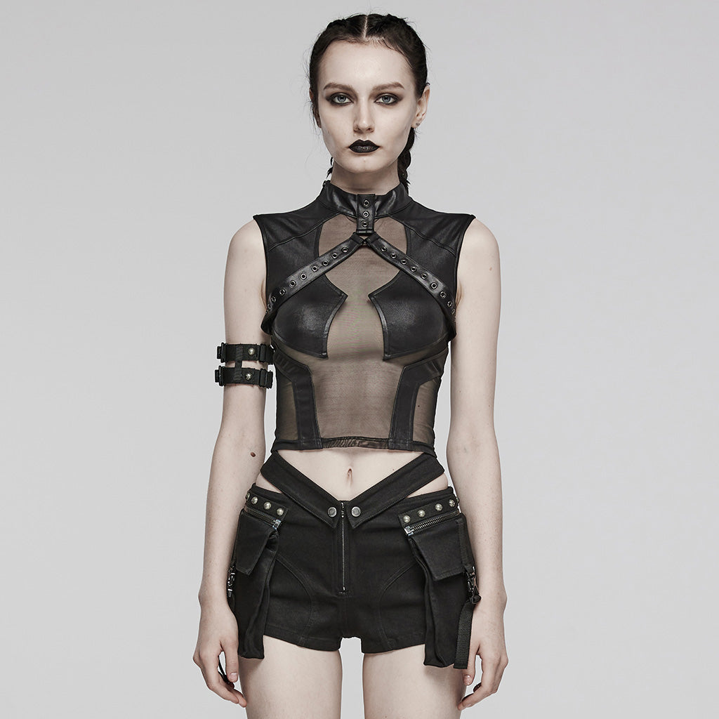 WT-848BXF Edgy Mesh Harness Gothic Punk Crop Top Shirt?-??Punk Rave Clothing