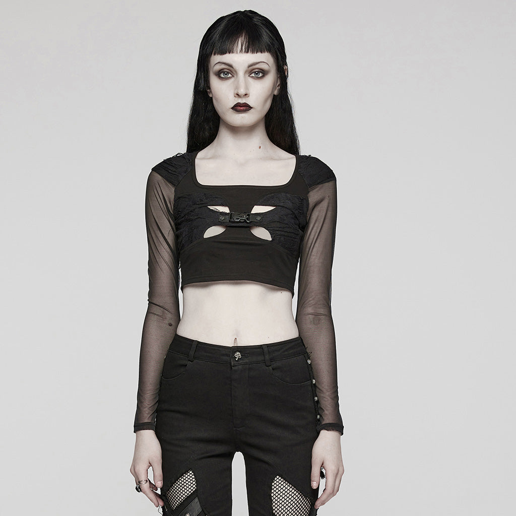 WT-850TCF Mesh Sleeve Cutout Gothic Crop Top Elegance?-??Punk Rave Clothing