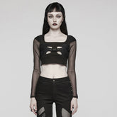 WT-850TCF Mesh Sleeve Cutout Gothic Crop Top Elegance?-??Punk Rave Clothing