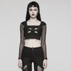 WT-850TCF Mesh Sleeve Cutout Gothic Crop Top Elegance?-??Punk Rave Clothing