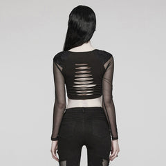 WT-850TCF Mesh Sleeve Cutout Gothic Crop Top Elegance?-??Punk Rave Clothing