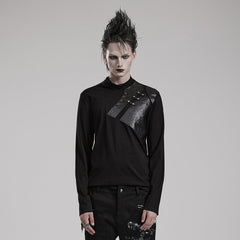 WT-851TCM black Leather Studded Accent Punk T-Shirts Long Sleeve?-??Punk Rave Clothing