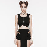 WT-856BXF Riveted Hooded Crop Punk Vest with Strappy Cutouts?-??Punk Rave Clothing