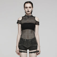 WT-865TDF Gothic Mesh Punk T-Shirt with Cold Shoulder Cutouts?-??Punk Rave Clothing