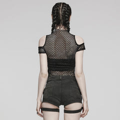 WT-865TDF Gothic Mesh Punk T-Shirt with Cold Shoulder Cutouts?-??Punk Rave Clothing