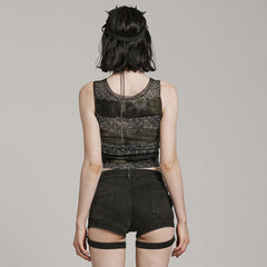 WT-870BXF Edgy Mesh Striped Punk Vest Top black Green?-??Punk Rave Clothing