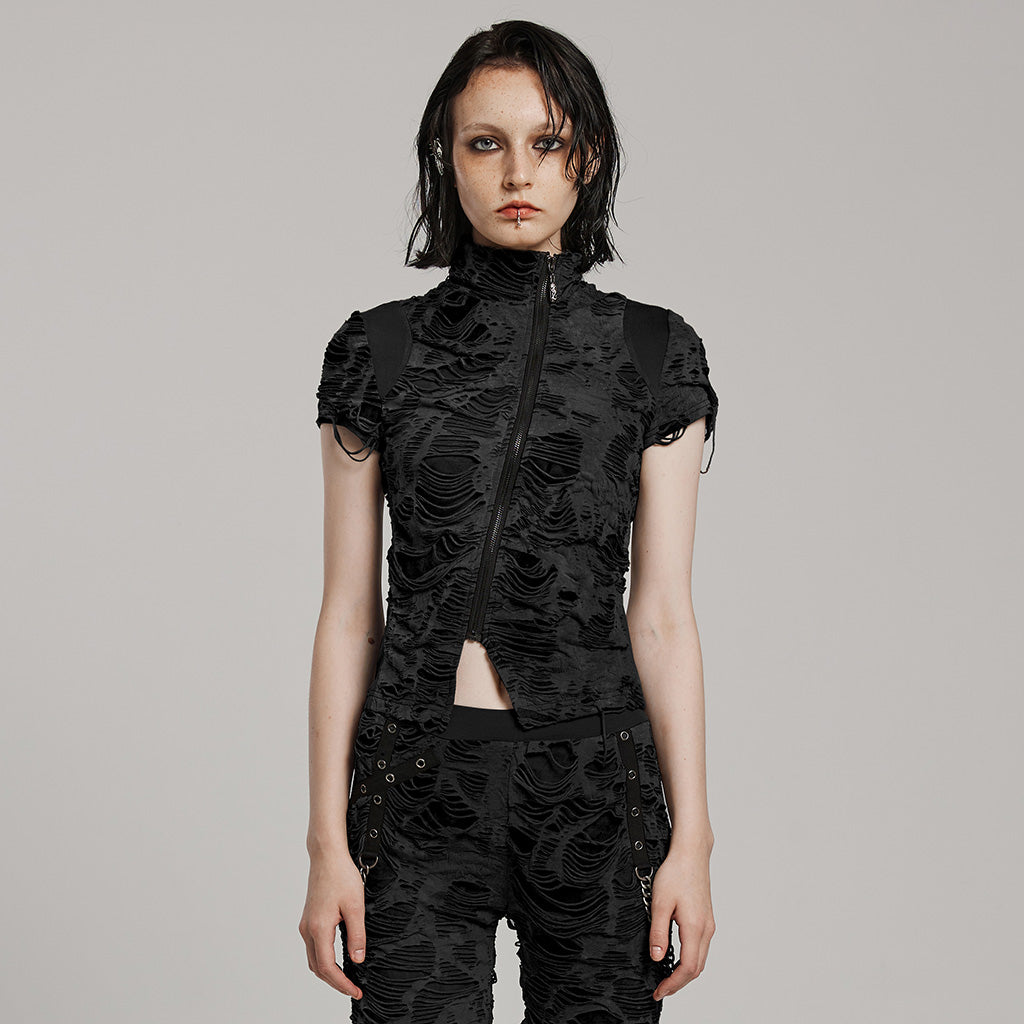 WT-878TDF Ripped Black High-Collar Zippered Punk T-Shirt Women?-??Punk Rave Clothing