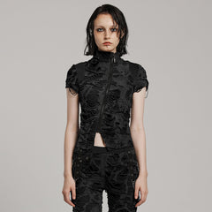WT-878TDF Ripped Black High-Collar Zippered Punk T-Shirt Women?-??Punk Rave Clothing