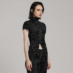 WT-878TDF Ripped Black High-Collar Zippered Punk T-Shirt Women?-??Punk Rave Clothing